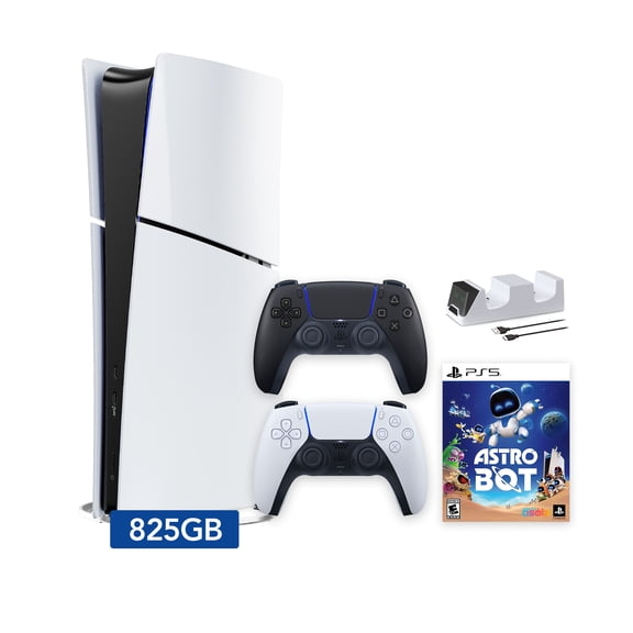 PlayStation 5 Slim Digital 825GB SSD ASTRO BOT Console with Two Controllers, White and Midnight Black DualSense and Dual Controller Charger - PS5 Slim Digital Console