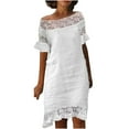 thumbnail image 2 of WHLBF Plus Size Dresses for Women 2023 Solid Color Lace Lace One-line Shoulder Dress White 4(S), 2 of 6