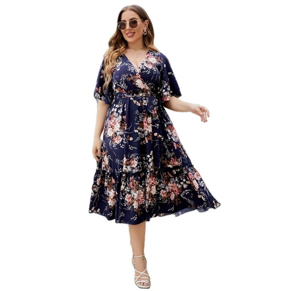 Women's Plus Size Floral Surplice Neck Midi Dress with Flutter Sleeves and A Line Hem for Elegant Everyday Wear