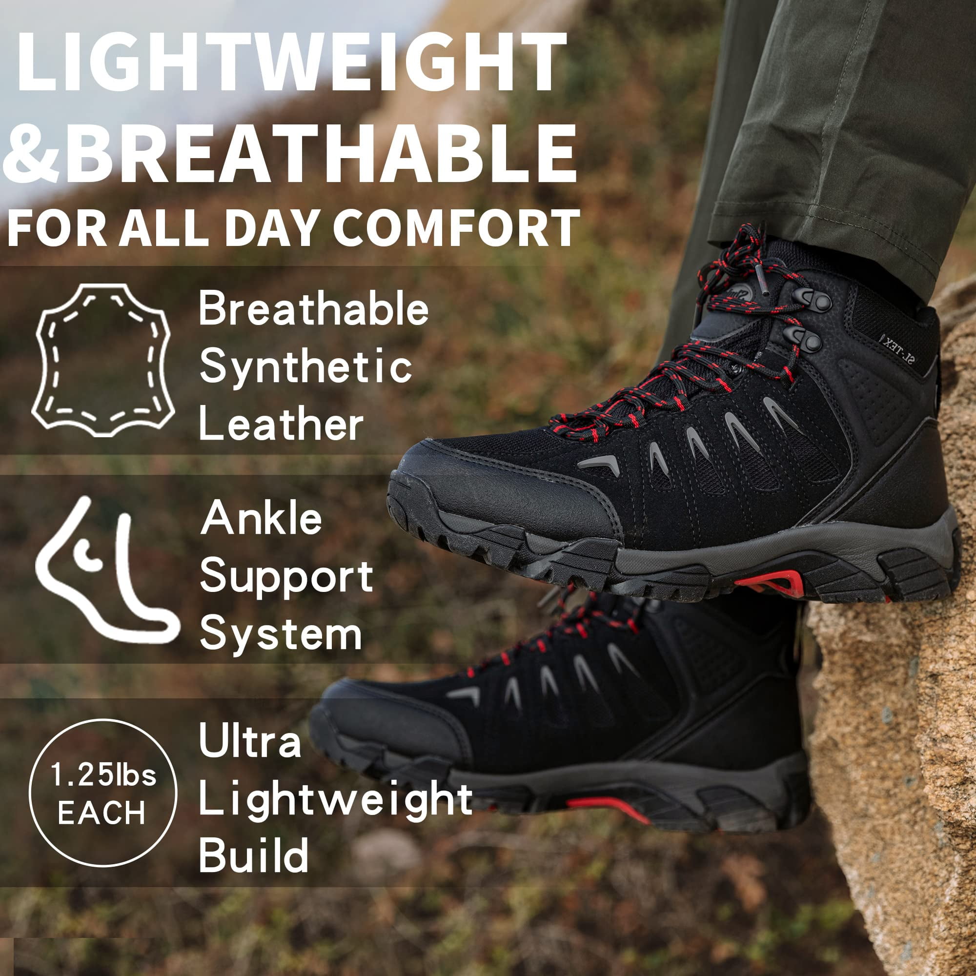 COM STAR Men’s Hiking Boots Mid-Top Outdoor Trekking Shoes Comfortable Durable Trail Boots for Camping, Climbing, Hiking & Outdoor Walking