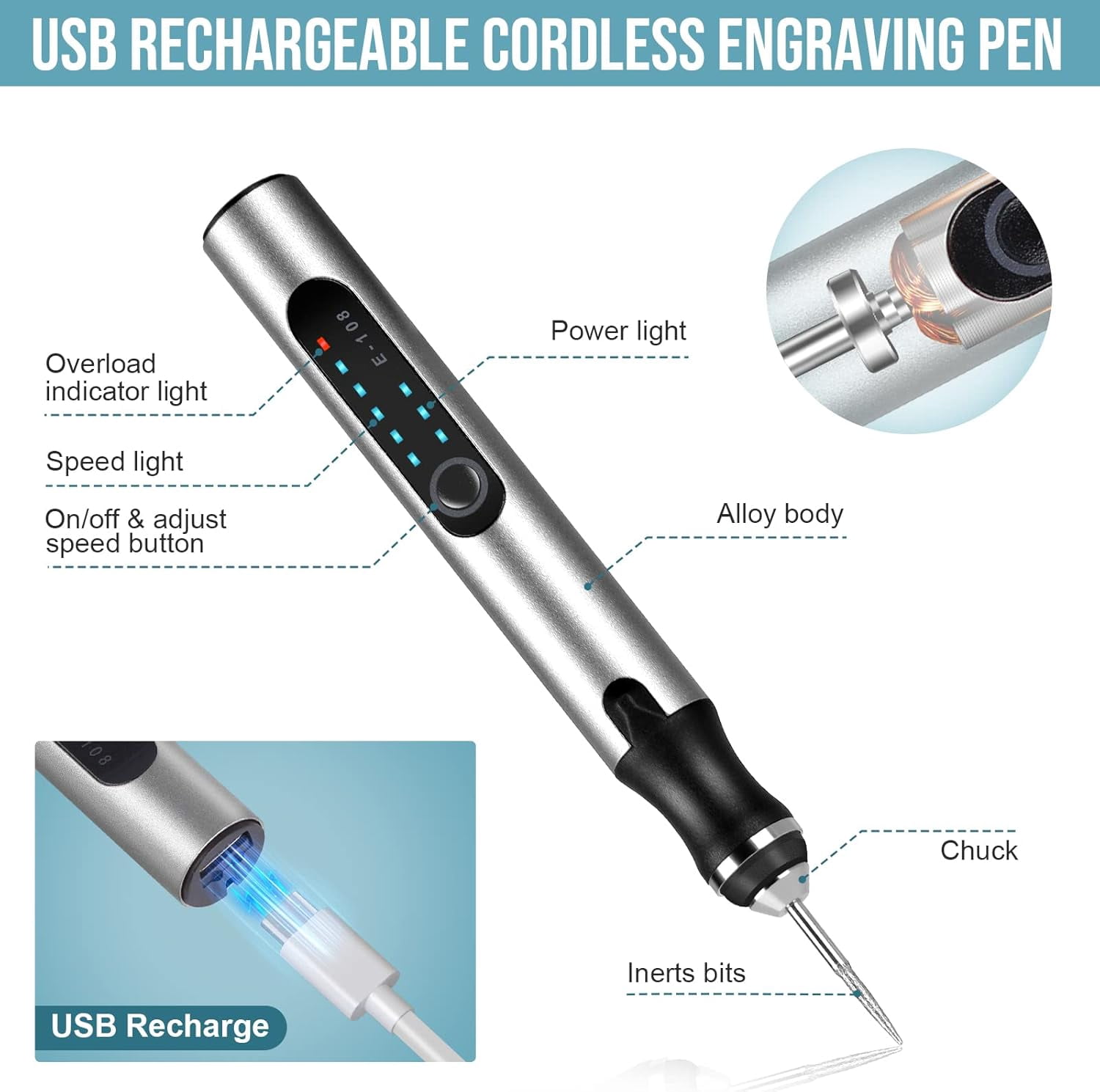 Electric Engraving Pen with 37 Bits, USB Rechargeable Cordless Engraving Machine, Portable DIY Rotary Engraver for Jewelry Wood Glass Stone Carving