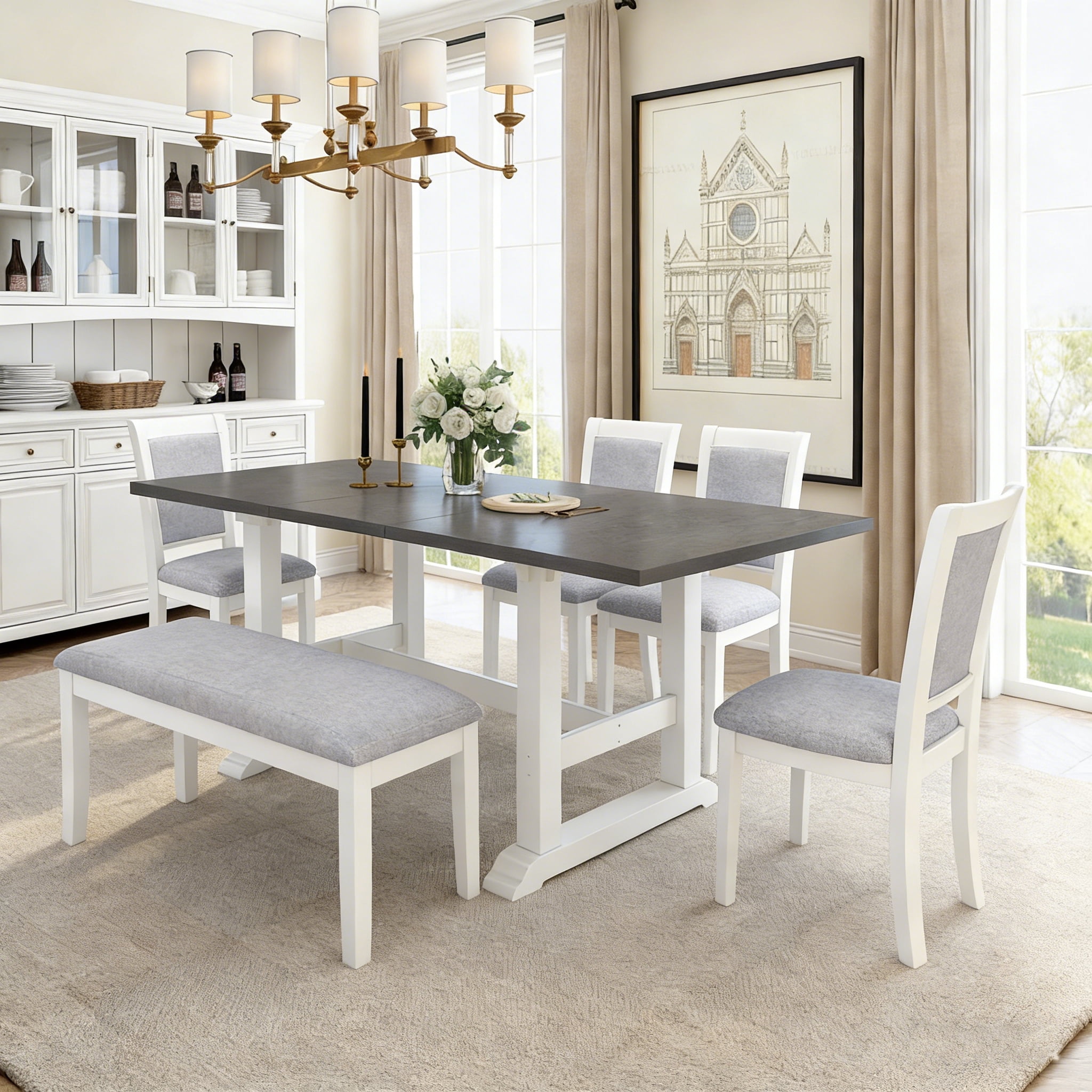 Euroco 6 Piece Farmhouse Dining Table Set for 6, 76.9" Extendable Trestle Kitchen Table Set with 4 Upholstered Chairs,1 Bench & Removable Leaf,Wood Kitchen Table and Chairs Set for Dining Room,Gray