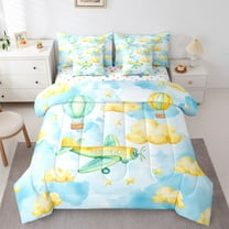 Homewish Cartoon Helicopter Print Twin Bedding Sets 7-Piece, Dreamy Gold Colud Bedding Comforter Set, Teens Kids Boys Girls Reversible Sheet Sets, Lightweight Room Decor