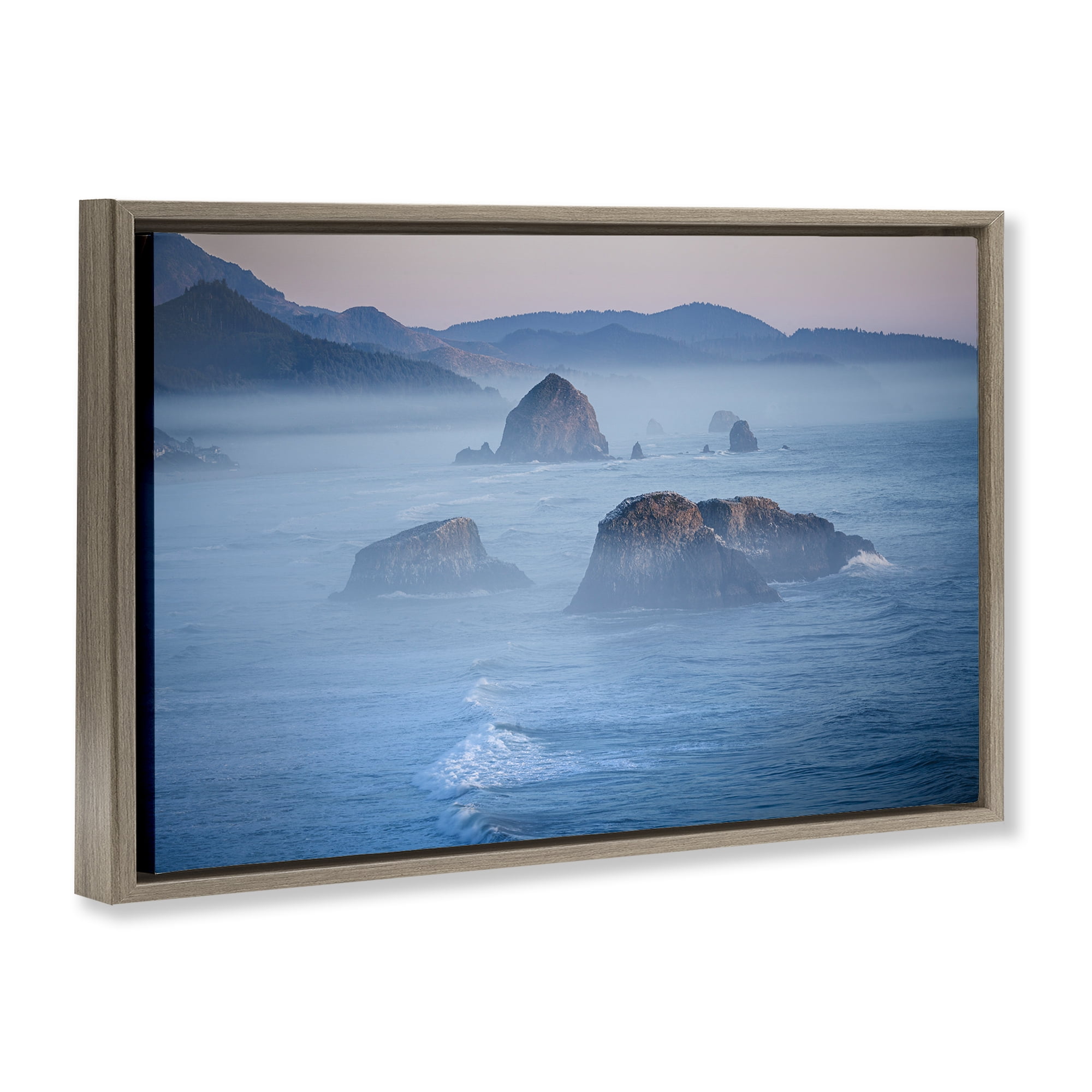 Stupell Industries Rocks Protruding from Sea Landscape & Nature Photography Brown Floater Framed Canvas Art Print Wall Art, 25 x 17