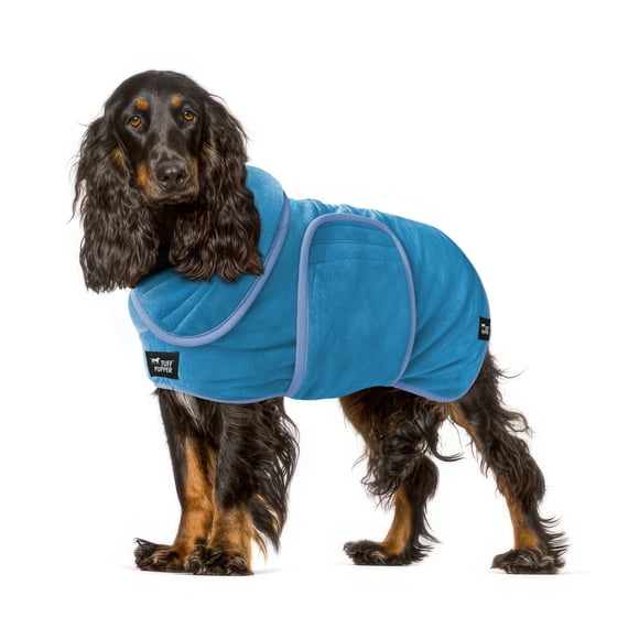 Tuff Pupper Bathrobe, Medium, Blue - Fast Drying Dog Towel Robe/Dressing Gown, 800 GSM Plush, Super Absorbent, Adjustable Hood & Belly Strap, Super Soft, Microfiber, Quick Dry