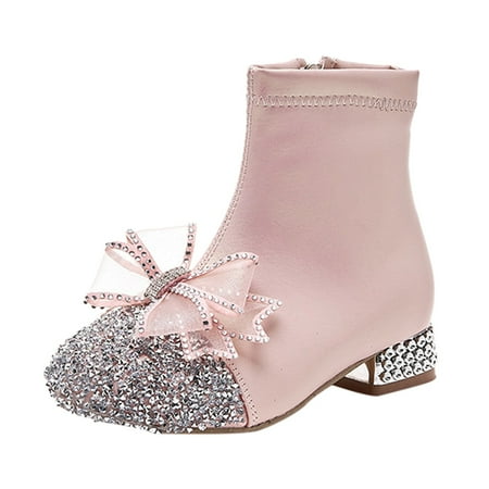 

ASEIDFNSA Toddler Slipper Beach Shoes for Kids Girls Leather Shoes for Girls Glitter Ankle Boots Kids Low Heel Dress Booties Fashion Side Zipper Short Boots Bow Shoes