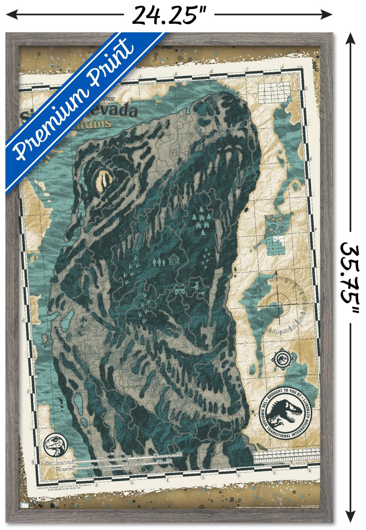 Jurassic World: Dominion - Sierra Nevada Mountains Map Wall Poster, 22.375" x 34" Framed