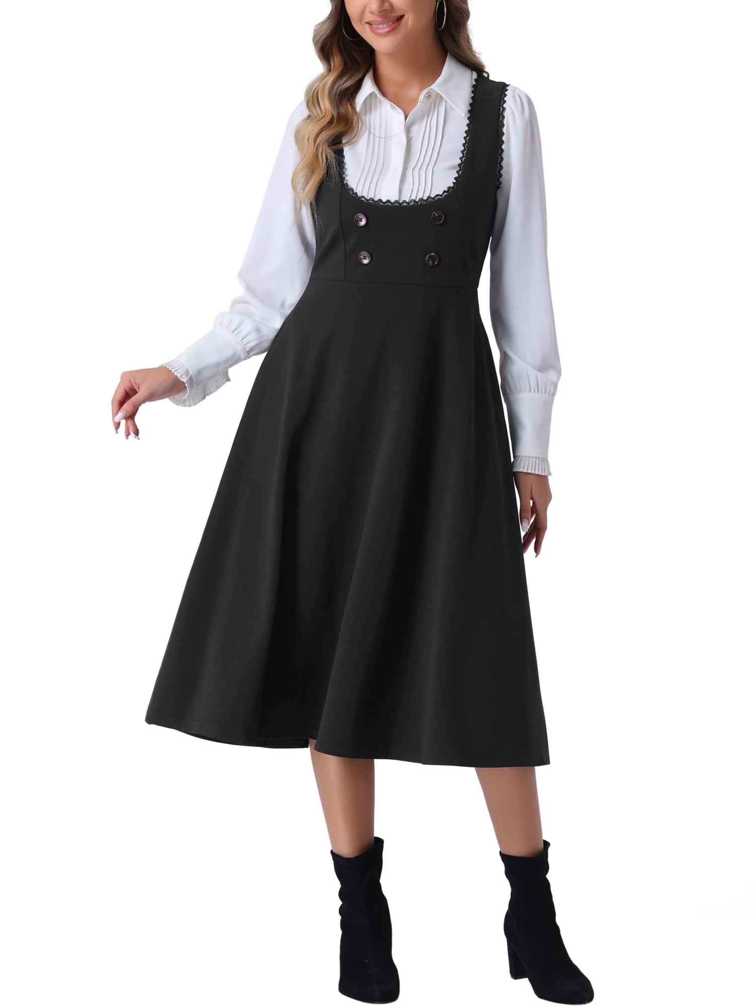 INSPIRE CHIC Vintage Pinafore Dress for Women's Lace Trim Button