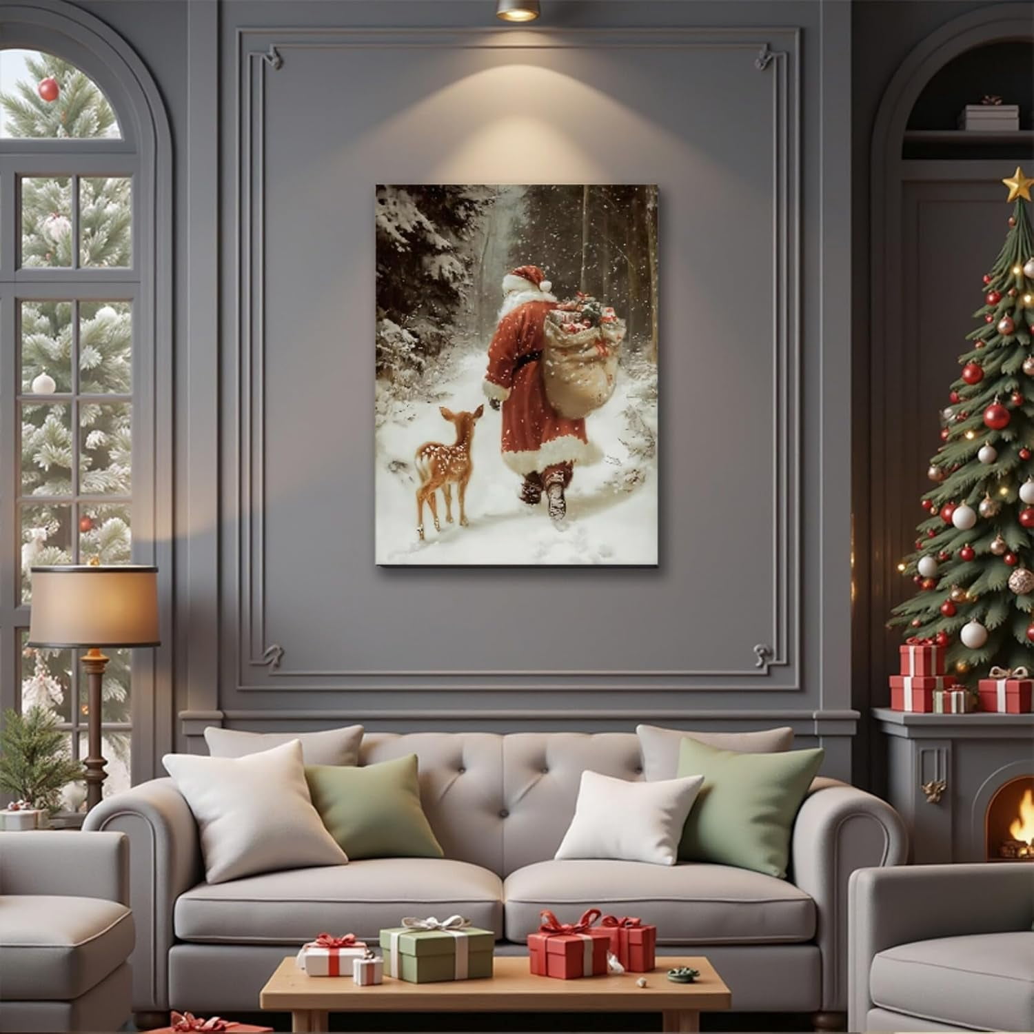 Christmas Wall Art, Santa Claus & Deer Canvas Prints, Christmas Pictures Wall Decor for Living Room & Bathroom, Holiday Painting for Bedroom Party Winter Cottage Artworks Gifts