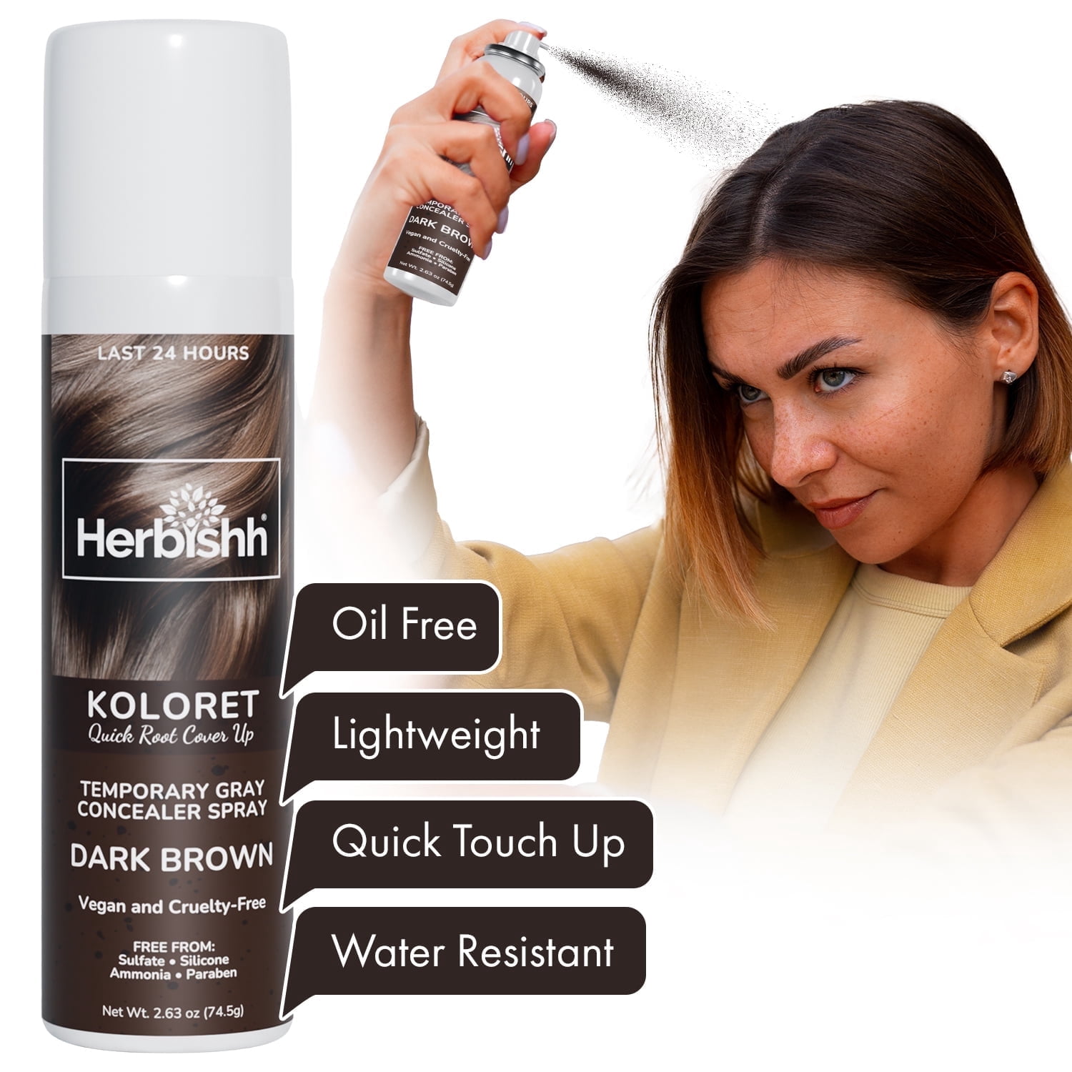 (2 pack) Herbishh Koloret Quick Root Touch Up Hair Color Spray Dark Brown (74.5g), Instant Gray & Dark Brown Root Cover Up, Temporary Hair Color Spray, Lightweight Non-Sticky Dye Mist, Travel Aerosol