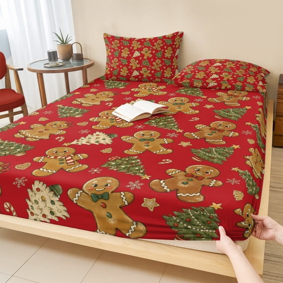 Queen Size Fitted Sheet Set - Christmas 3 Piece Bedding Sets 16" Deep Pocket Fitted Sheet with 2 Pillowcases, Red Xmas Pine Tree Winter Snowflakes Brushed Microfiber Hotel Luxury Bed Sheets