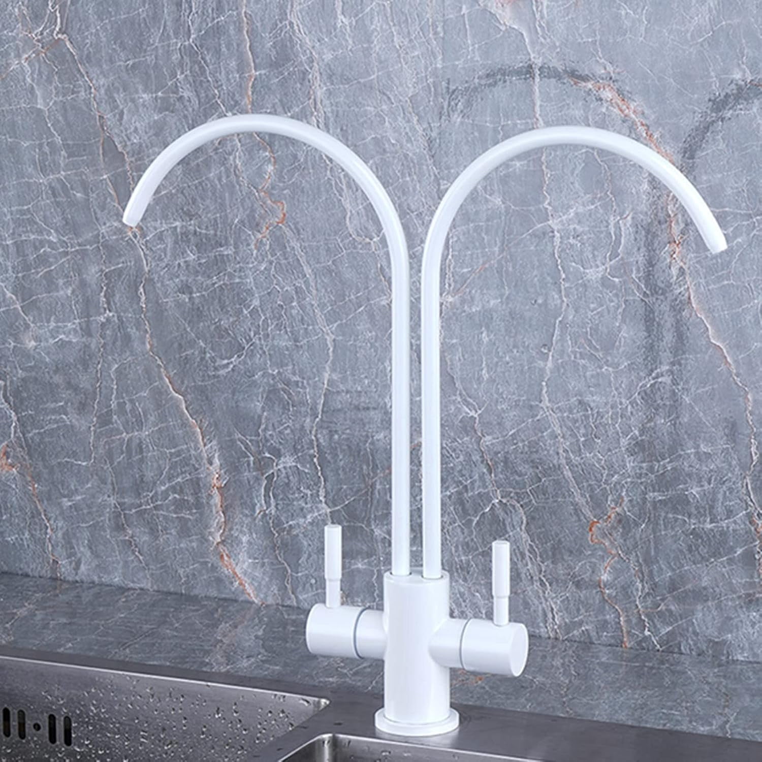 Kitchen Faucet Water Filter White Stainless Steel Swivel Double Tube Double Outlet Water Purifier