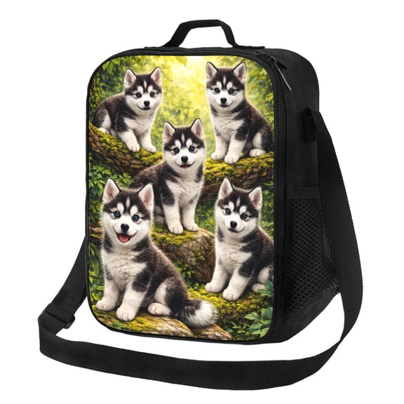 Cute Husky Puppies Lunch Bag Insulated Thermal Box with Shoulder Strap & Handle for Work and Picnic