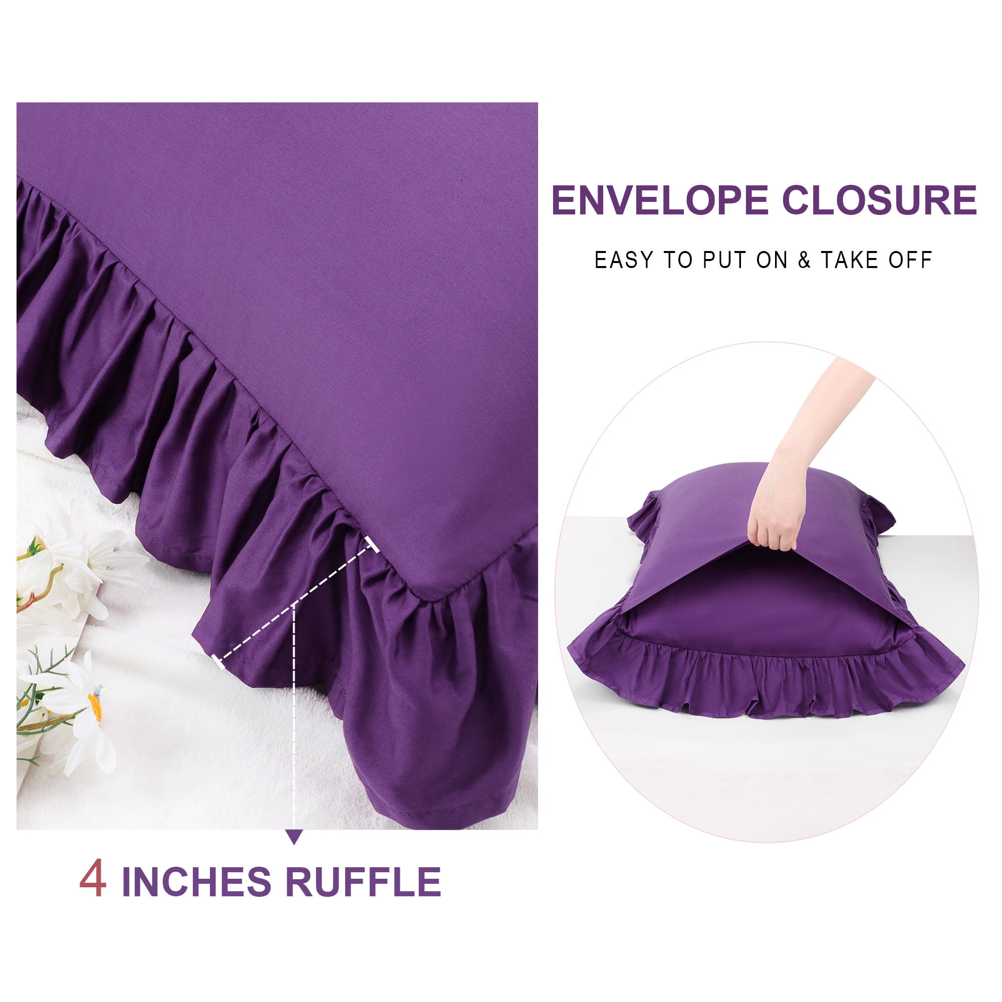 Unique Bargains 2 Pcs 100% Cotton Envelope Closure Ruffled Pillowcases Grape Standard