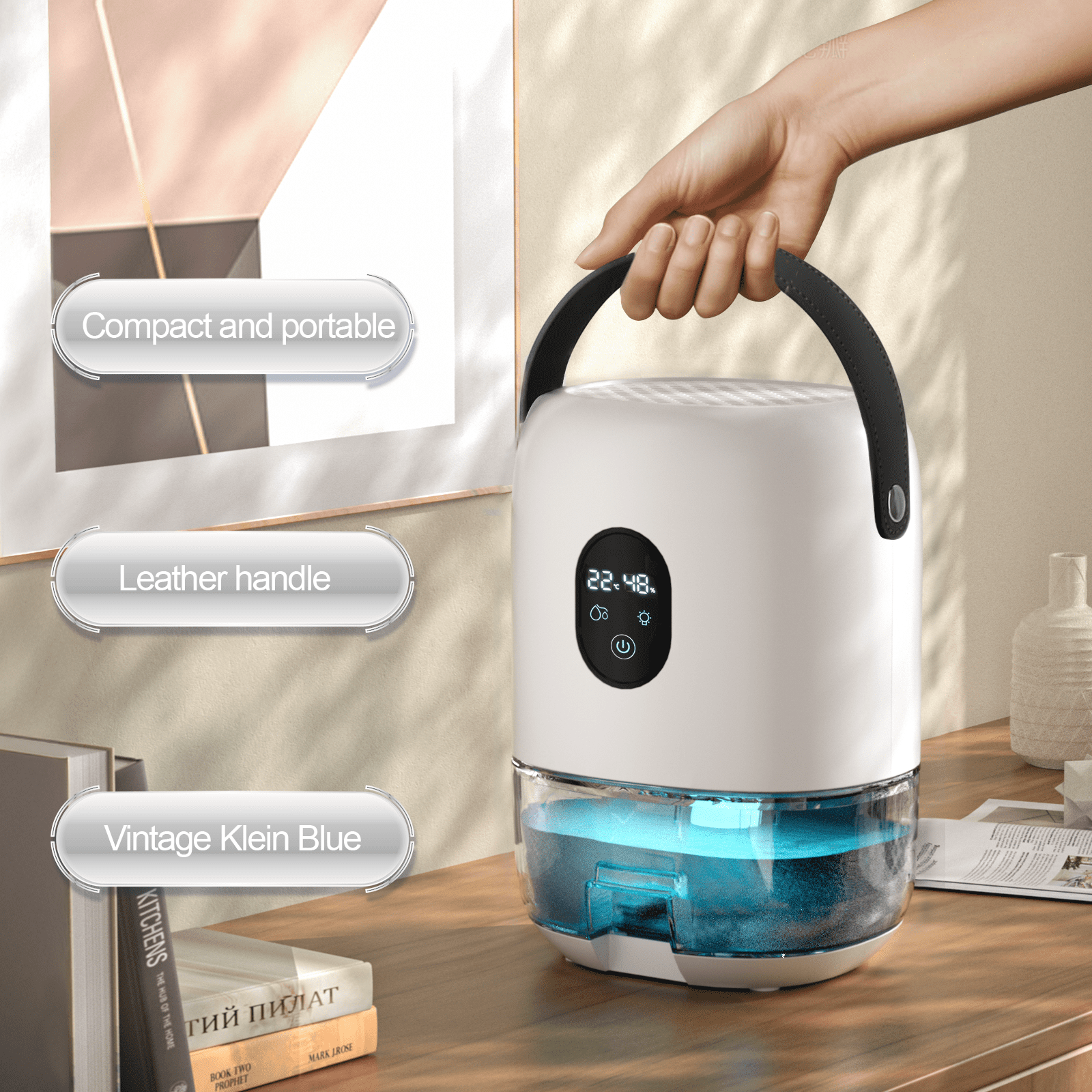 Flictozena Desktop dehumidifier with 35oz water tank, portable leather handle, 7-color ambient light, Elegant White