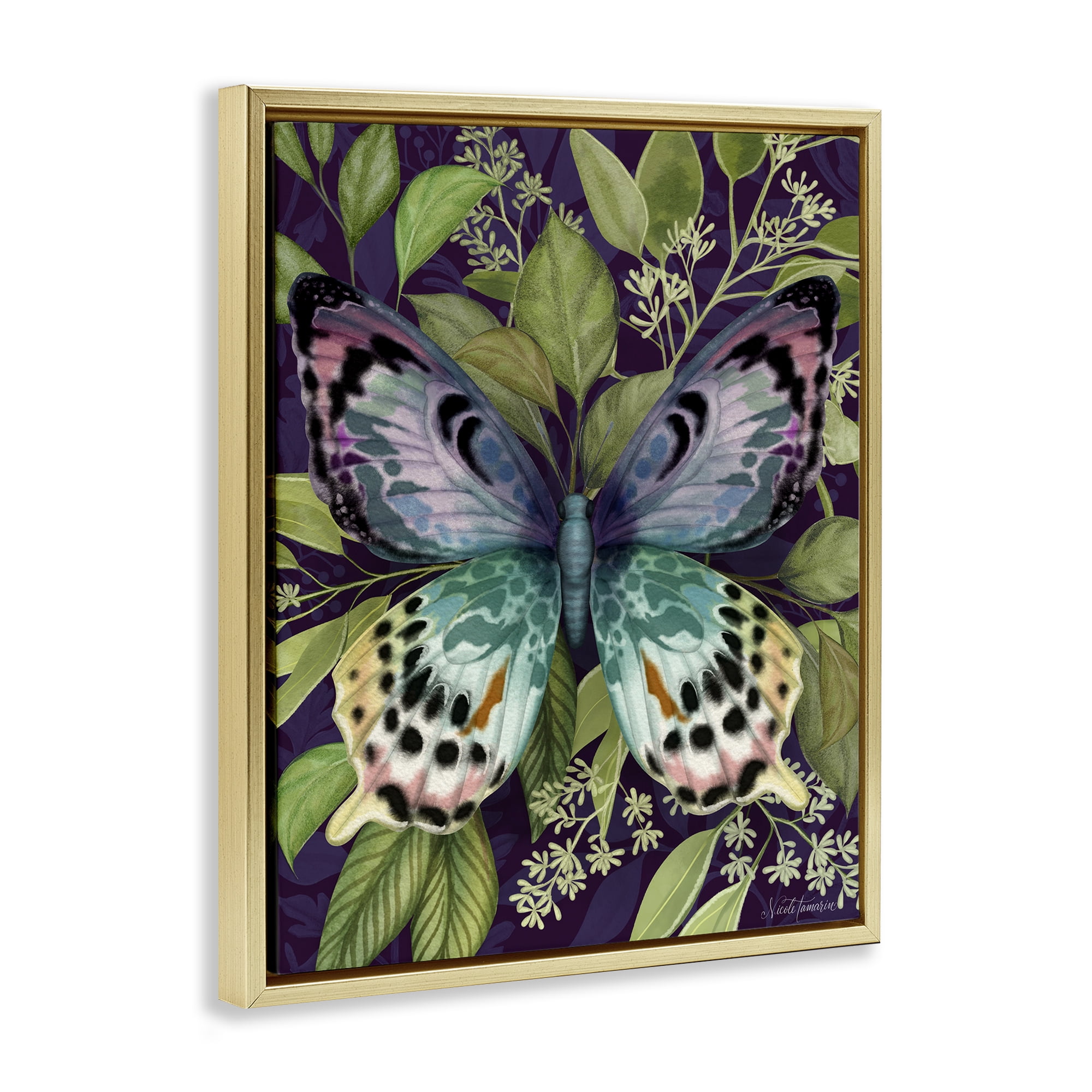 Stupell Industries Midnight Garden Butterfly Gold Framed Floater Canvas Wall Art, design by Nicole Tamarin
