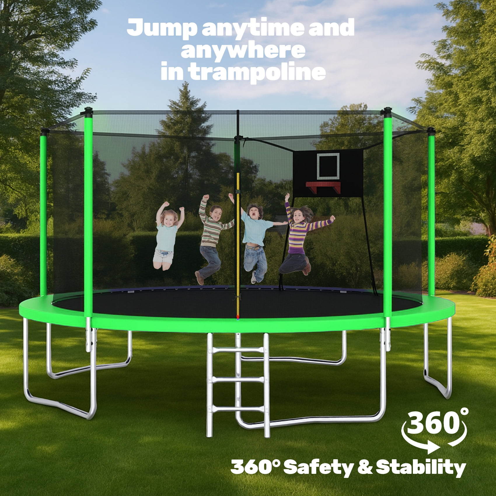 Alvantor Trampoline 14Ft for Kids Age 3-10, Round Trampolines with Basketball Hoop & Enclosure Net for Backyard Yard,Green