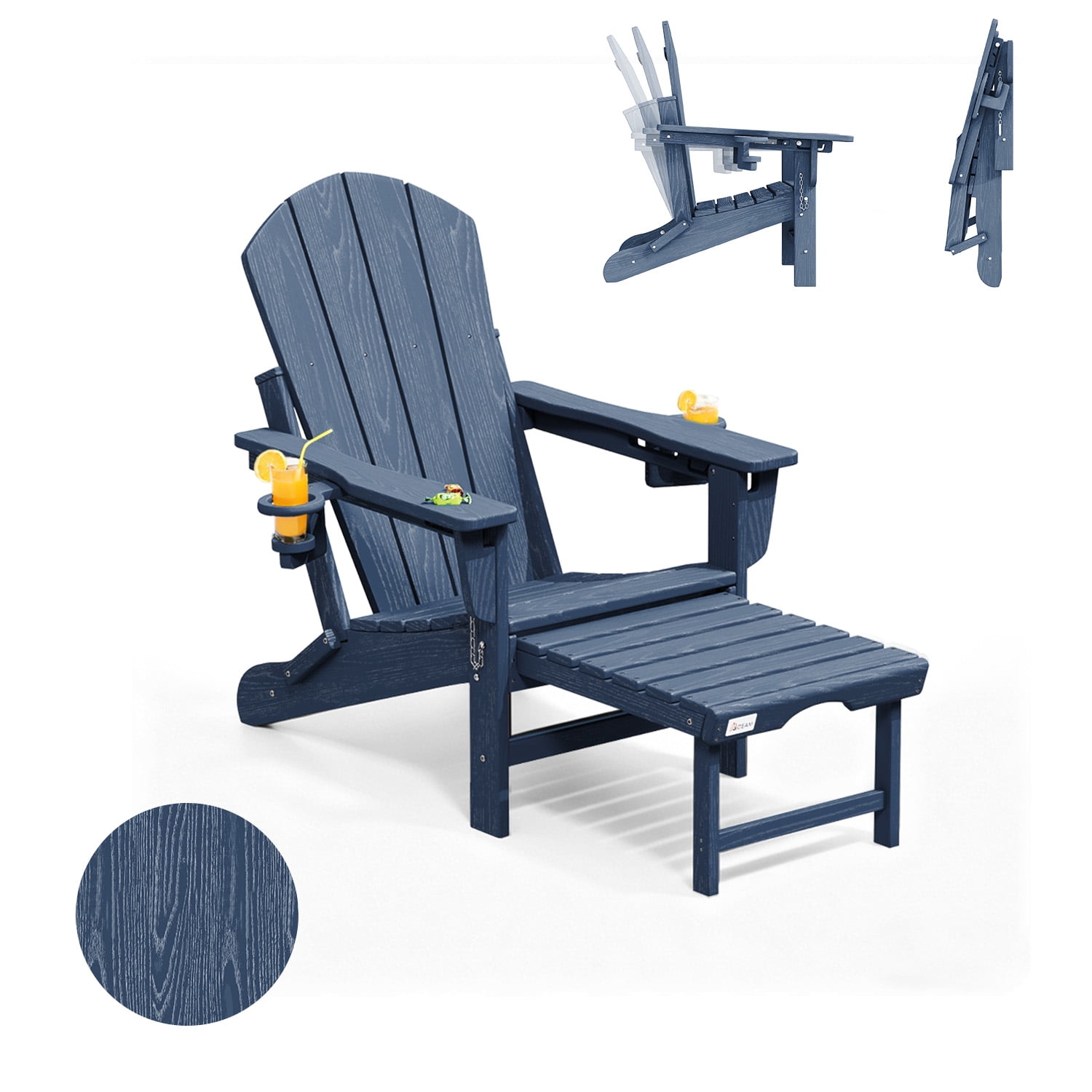 Erinnyees 3-Level Adjustable Adirondack Chair with Retractable Ottoman, HDPE All-Weather Folding Fire Pit Chair with 2 Cup Holders, Outdoor Chair for Garden