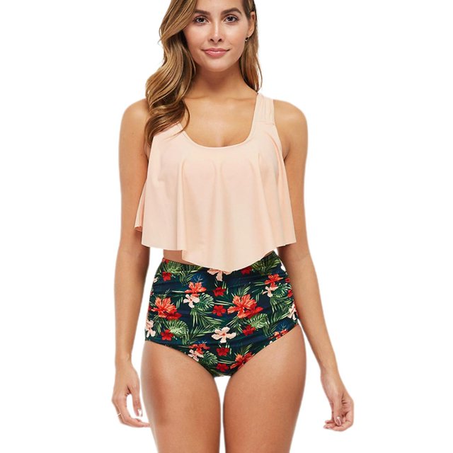 Trajes de baño para mujer Trajes de baño de dos piezas Top de baño con volantes dobles Parte inferior de talle alto Traje de baño Bikini, Beige, 2xl Feliz Sencillez