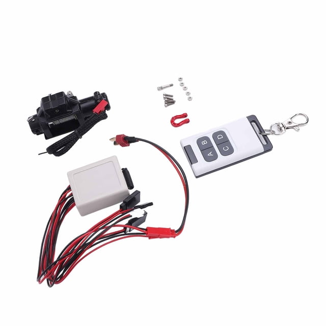 RC Car Winch, Aluminum Alloy 1/10 Scale Model Crawler Vehicle Accessory with Remote Controller T Plug Extension Cable for 4 D90 D110 RC Car
