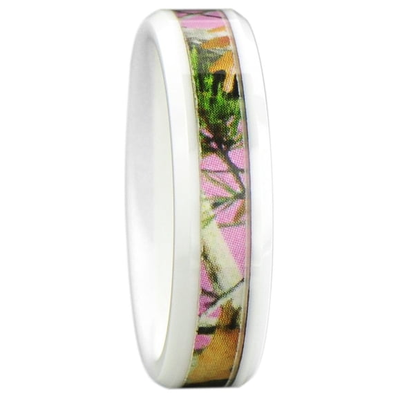 Women's Camo Hunting Camouflage Wedding Band Ring Pink/Green 6mm White Ceramic
