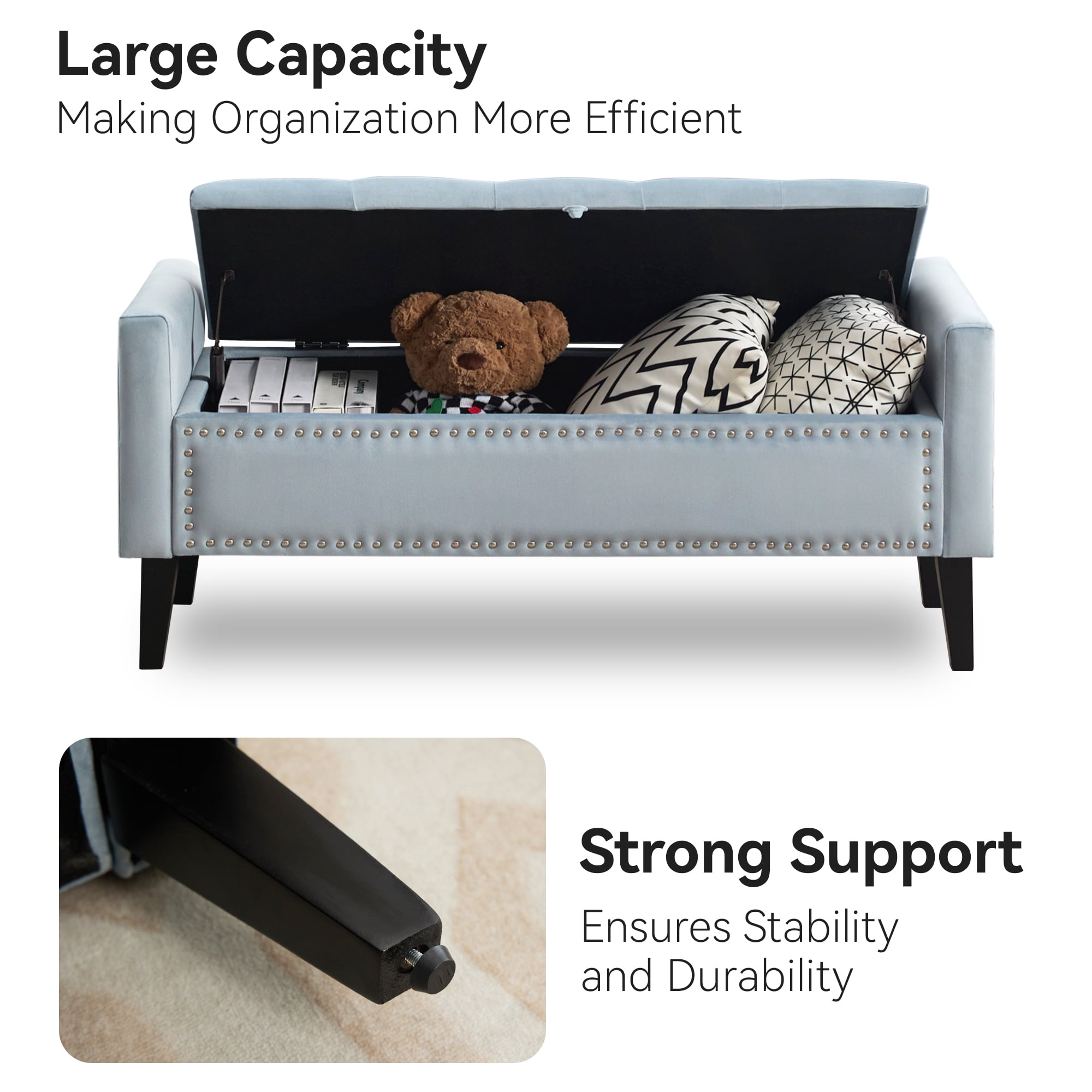 Velvet Storage Bench, Upholstered Bed Bench with Storage, End of Bed Ottoman with Wooden Legs,Bedside Storage Bench for Bedroom, Living Room, or Entryway, Blue Grey