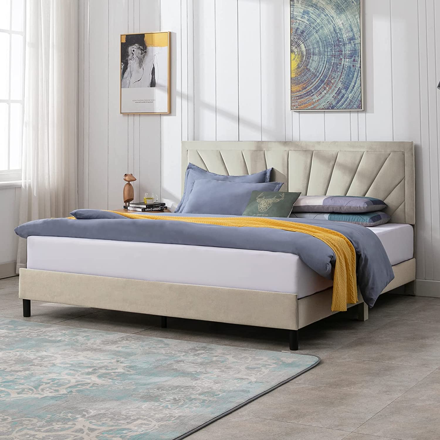 Mjkone California King Size Platform Bed Frame with Headboard, Stylish