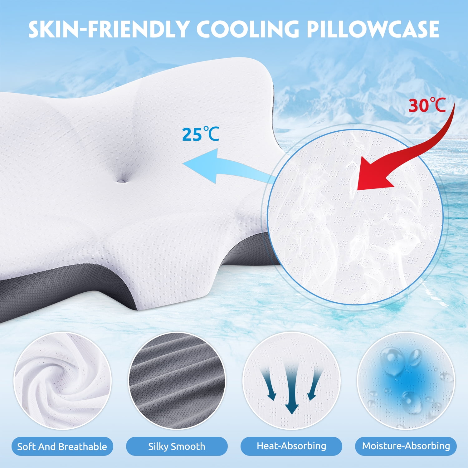 MOONORAH Cervical Memory Foam Pillow Neck Bed Pillow for Pain Relief Sleeping, Ergonomic Orthopedic for Side Back and Stomach Sleepers with Breathable Pillowcase, Queen Size 25" x 16.5" x 5.5" Gray