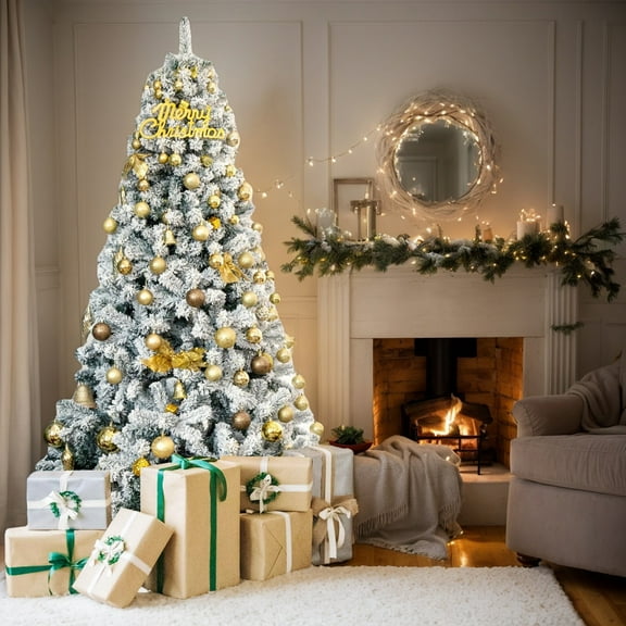 YYAo Christmas Tree, Lightweight Christmas Tree,7.5 Feet Snow Flocked Hinged Artificial Christmas Tree without Lights