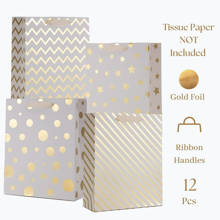 UNIQOOO 12PCS Metallic Gold Christmas Gift Bags Bulk with Handle, Large  12.5 x10 Inch, Assorted Modern Geometric Paper Gift Wrap Bags, For  Valentines Day Holiday Birthday Wedding Gift Packaging Decor 