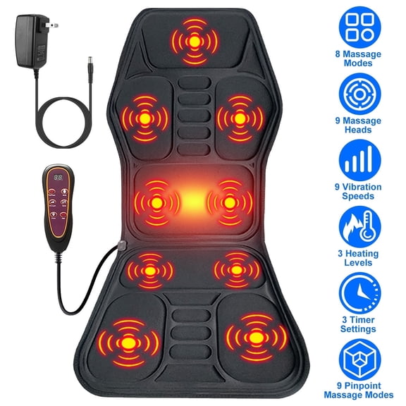 Back Massager with Heat and Vibration 3 Heat Levels 8 Massage Modes 9 Vibration Motors Back Massager Pad for Chair Holiday Gifts