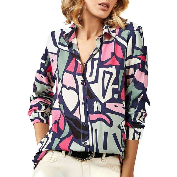 QAFOPEH Women Striped Geometric Print Lapel Collar Long Sleeve Single Breasted Boho Shirt