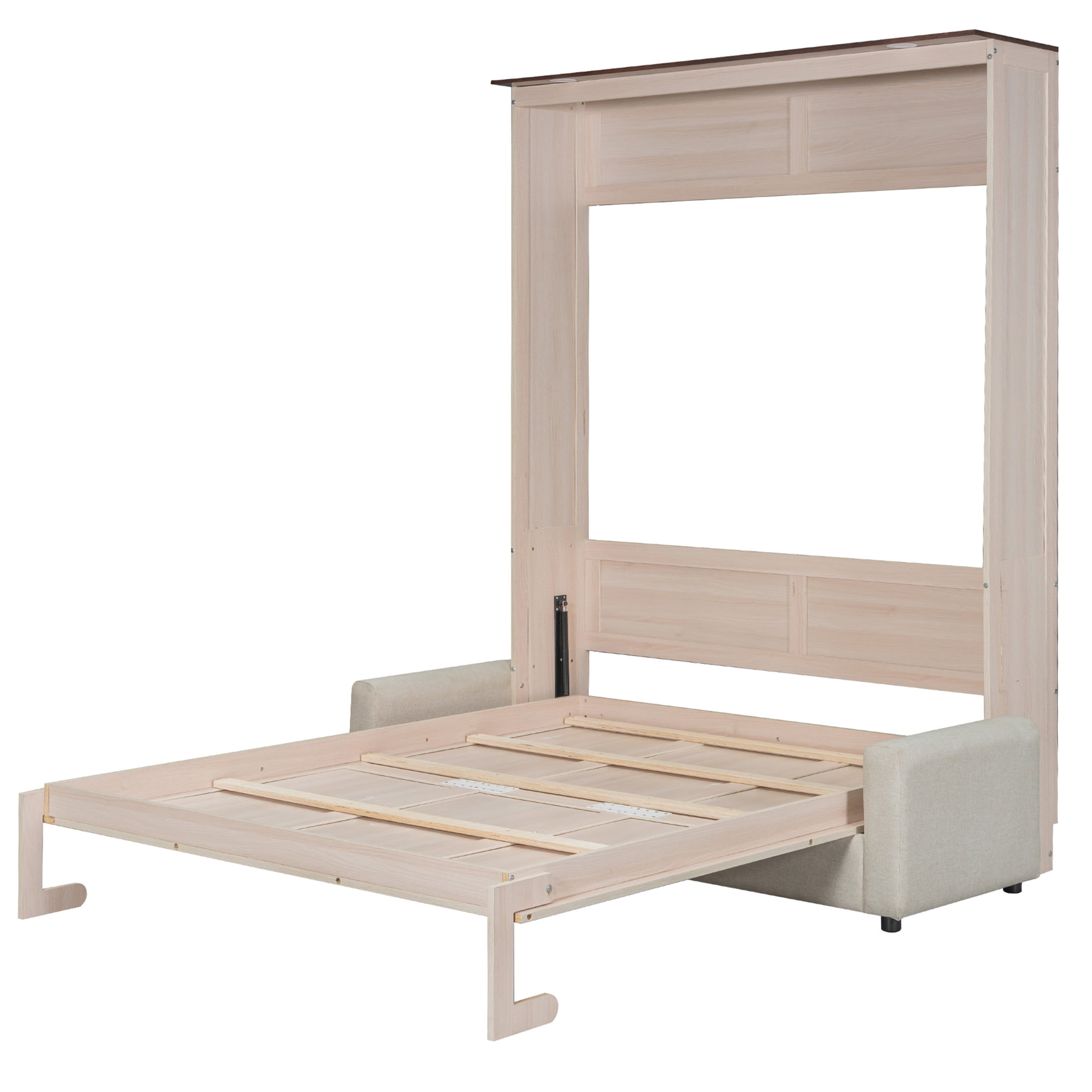 Noble House Mavora Queen Size Murphy Bed with Integrated Sofa and LED Lights, Convertible Wall Bed, Beige