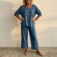 thumbnail image 2 of Morrtic Women's Eyelet Spliced 2 Piece Solid Color Set – Round Neck Half Sleeve Blouse & Wide-Leg Pants, Summer Casual Outfit Dark Blue，S, 2 of 6