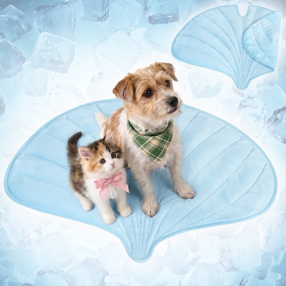 PetAmi Dog Cooling Mat, Ginkgo Leaf Shape, Pet Pad with Cooling Nylon & Soft Fleece, Q-Max > 0.4 Reversible All Season Blanket for Dogs & Cats, Small 35x40 In, Light Blue