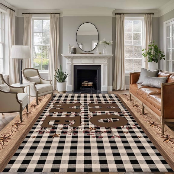 Large Area Rugs for Living Room Bedroom, Farmhouse 8'x10' Rug Washable Carpet Runner Indoor Outdoor, Vintage Country Texas Star Plaid Wooden Grain Non Slip Floor Mats Rug for Kitchen, Patio