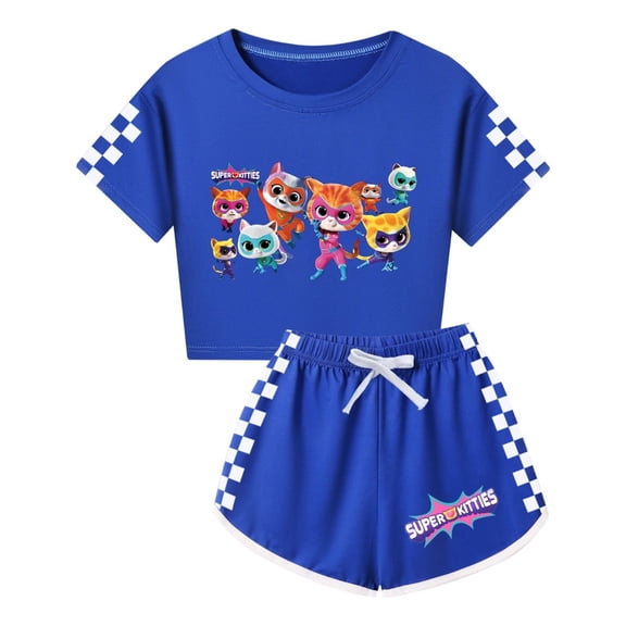 Girls Casual Summer T-Shirt Outfit Set– SuperKitties Cropped Top and Shorts – Kids Character Clothing