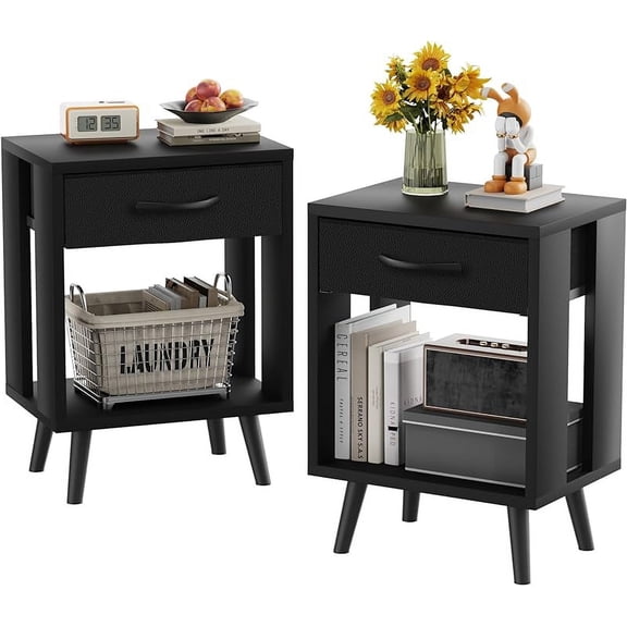 Nightstands Set of 2 with Fabric Storage Drawer and Open Wood Shelf, Side Table with Storage for Bedroom, Night Stand with Drawer for Bedroom, Bedside Tables - Black 24" H