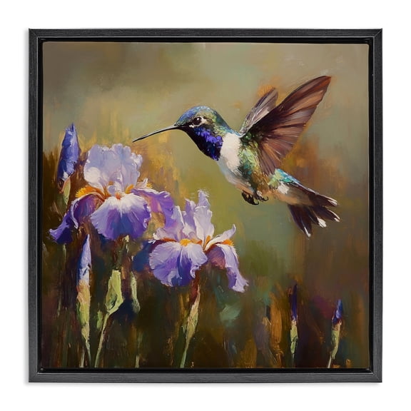 Stupell Industries Cottage Hummingbird & Purple Irises Black Floating Frame Canvas Art, 18 x 18, by Tina LeCour