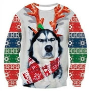 RAISEVERN Ugly Christmas Sweater for Men Women Funny Xmas Dog Husky Scarf Sweatshirt Holiday Festive Long Sleeve Winter Reindeer Snowflake Pullover Top