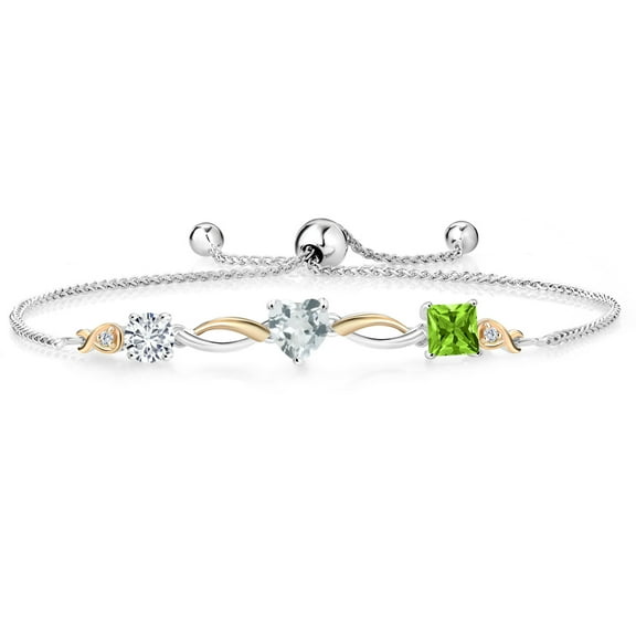 Gem Stone King Keren Hanan 1.96 Ct E-F Lab Grown Diamond Sky Blue Aquamarine 925 Silver and 10K Yellow Gold Bracelet for Women