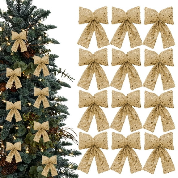 DIYMAG 12 Pcs Christmas Tree Bow Decoration Glitter Bows Christmas Bow, Sequine Bows for Christmas Party Decoration (Gold)