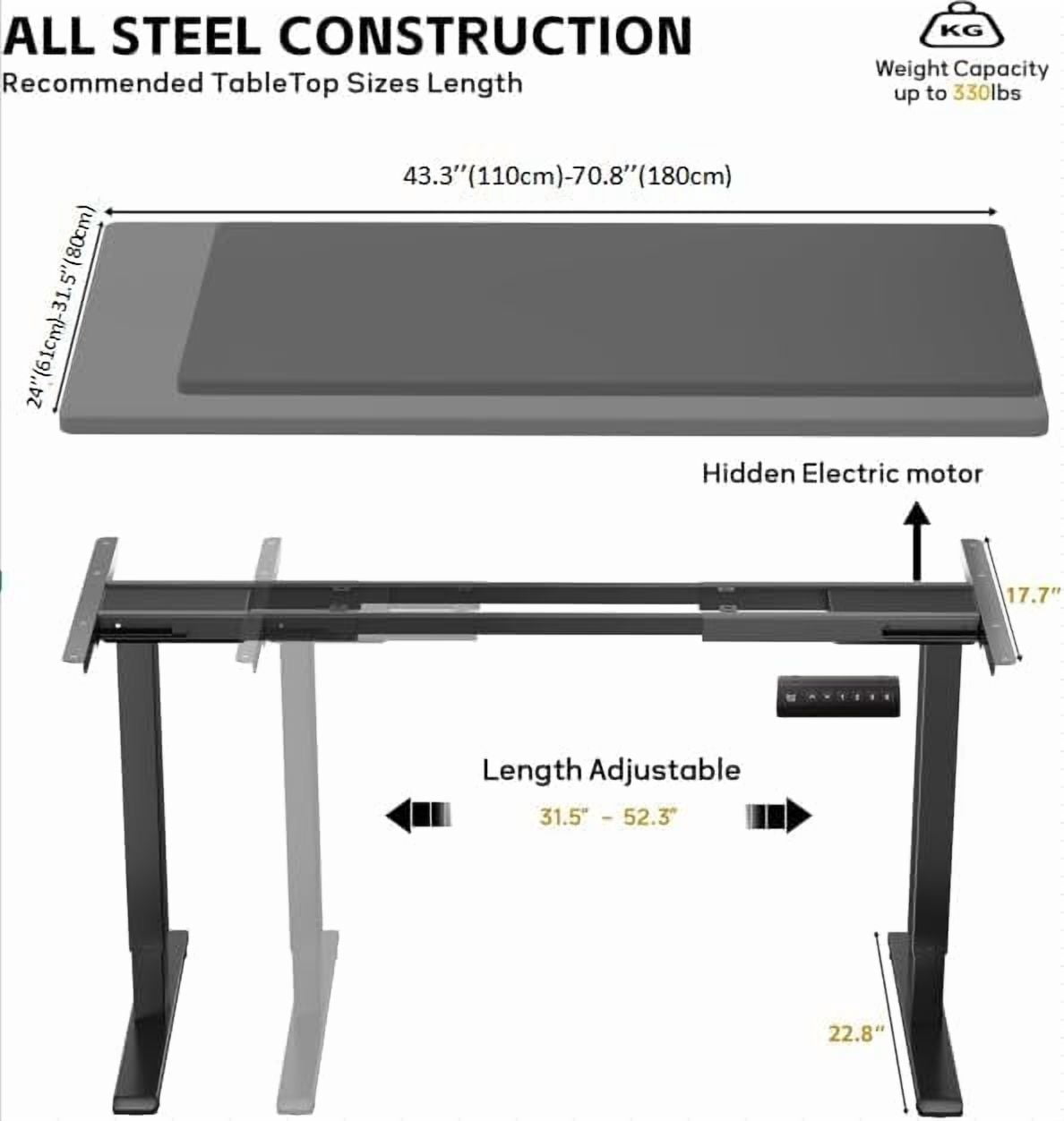 Dual Motor Electric Standing Desk Frame for 43.3 to 70.8" Table Tops, 330lbs Weight Capacity,Ergonomic Standing Height Adjustable Base with Memory Controller,Black Frame Only