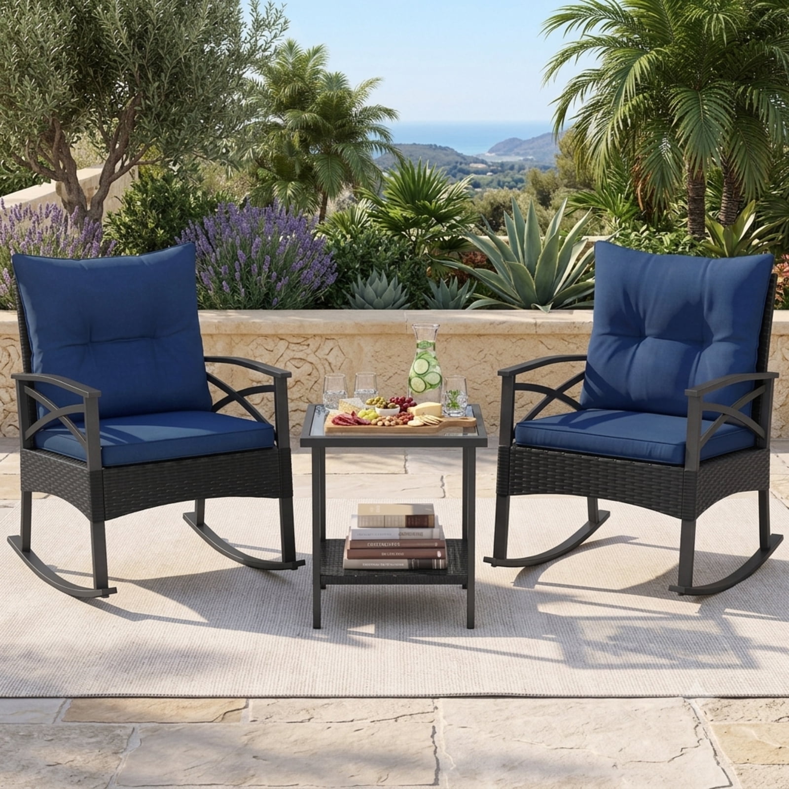 Furnibear 3-Piece Outdoor Rocking Chair Set with Side Table, 2 Wicker Rocking Chairs, Navy Cushions, 400 lbs Capacity, Patio Garden Backyard