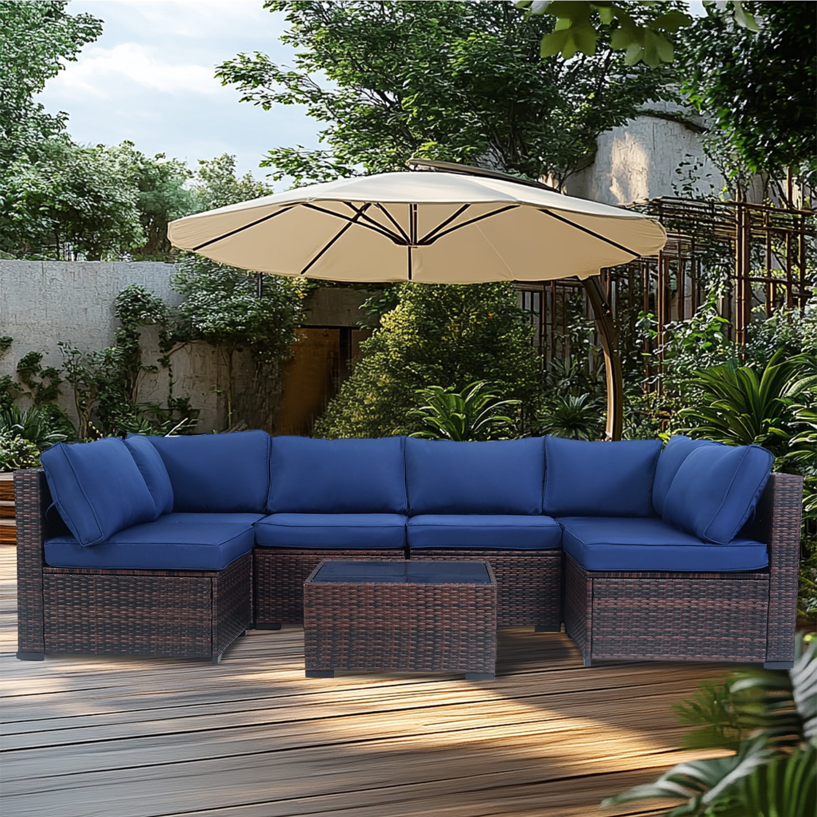 AstrPthylx 7-Piece Patio Sectional Set with Coffee Table, All-Weather Outdoor PE Rattan L-Shaped Sofa & Cushions for Garden, Backyard (Blue)