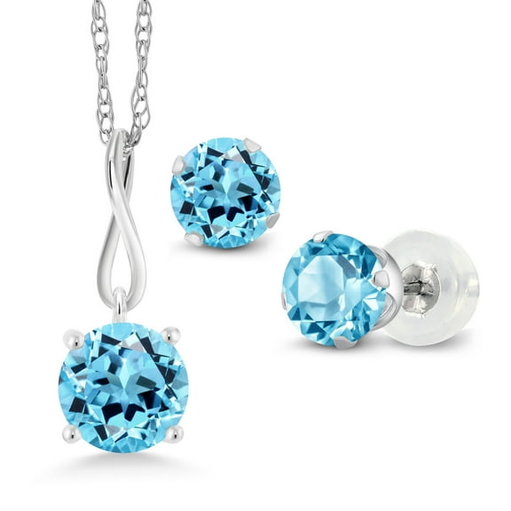 Gem Stone King 2.50 Ct Round Swiss Blue Topaz 10K White Gold Pendant and Earrings Jewelry Set