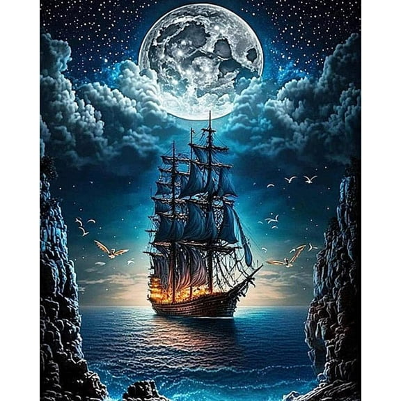 5D Landscape Diamond Painting Kits for Adults Beginner, DIY Steamship Moon, Full Round Drill Religious Gem Art Kits, Home Wall Decor 12x16 inch
