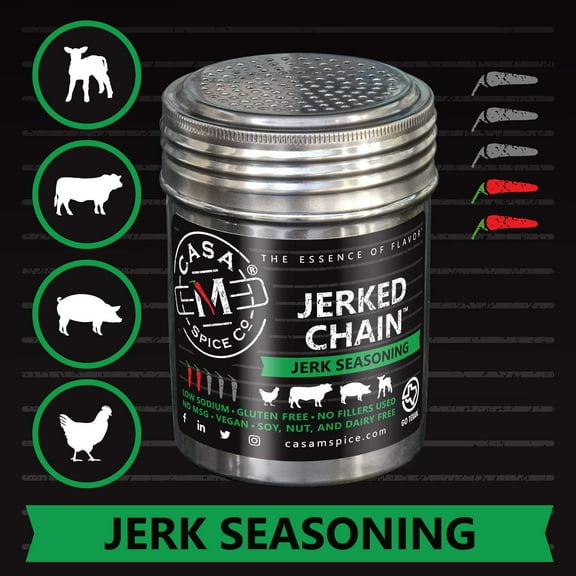 Casa M Spice Co® Jerked Chain® Jerk Seasoning — Jamaican Dry Rub Gourmet Caribbean Jerk Seasoning • Very Low Sodium • Low Salt • No MSG • Gluten Free • Jamaican Jerk Spices and Seasonings