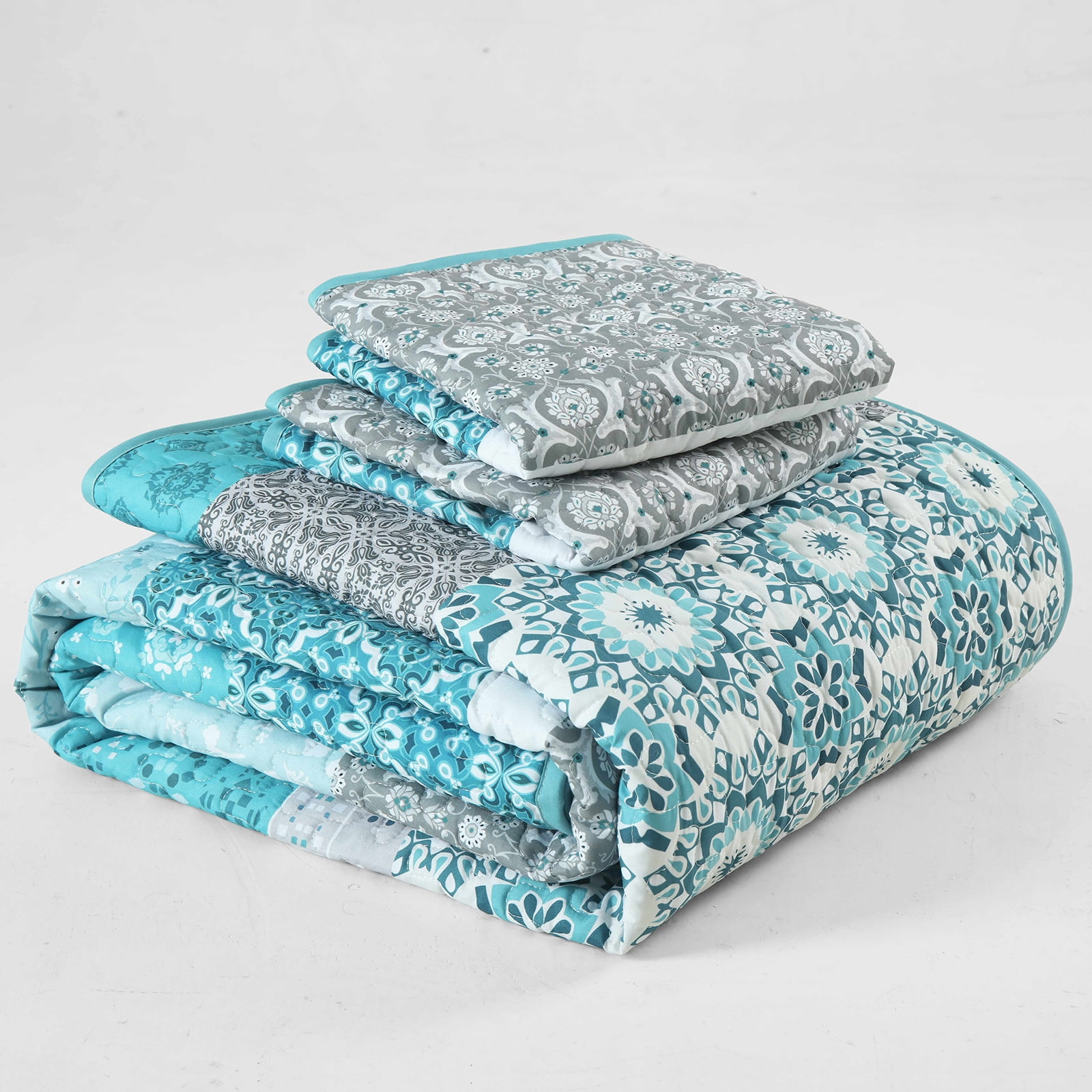 Dintszyayue Boho Quilt Set Queen,3Pcs Floral Teal Bohemian Bedding Sets Striped Patchwork Bedspread Set Adult(90"×96")