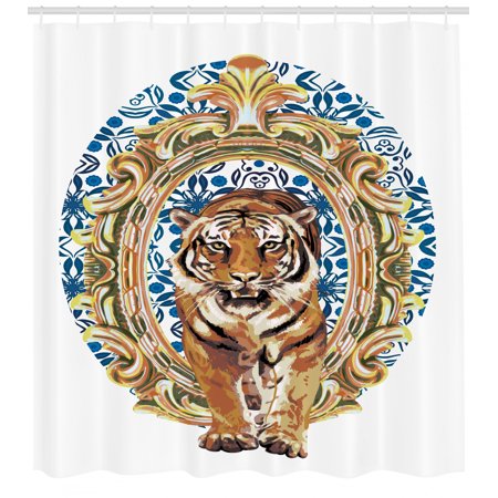 Tiger Shower Curtain Large Cat Crossing From Vintage Frame Japanese Design Exotic Adventure Fabric Bathroom Set With Hooks Royal Blue Pale Brown By Ambesonne Walmart Com